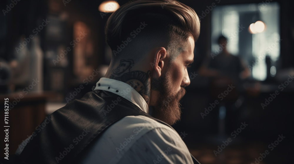 Getting perfect shape. Close-up side view of young bearded man getting beard haircut by hairdresser at barbershop
