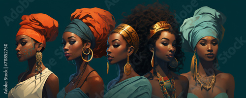 Lineup of African Women with Traditional Turbans. Black History Month concept photo
