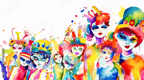 Carnival banner with funny character in fancy dress on stilts. illustration