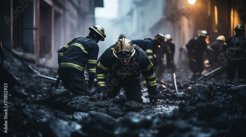 Male rescuers removing concrete rubble