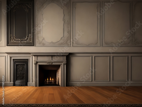 Empty classic interior of a room with fireplace over black wall. geneartive ai photo