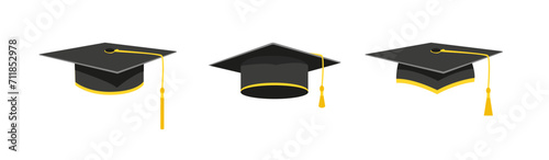 Graduate caps with gold tassels set. Black cap with square brim to celebrate successful graduation from school and college with academic success vector uniform