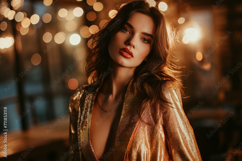 Young beautiful brunette Caucasian woman with evening makeup wears shiny golden suit at the party Young beautiful brunette Caucasian woman with evening makeup wears shiny golden suit at the party