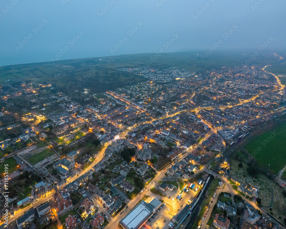 Aerial night view of the famous travel destination, Swanage, Dorset, South West England. blue hour winter