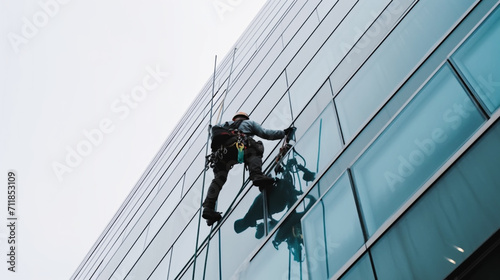 Industrial climber cleaning the glassy wall