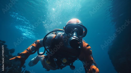 Girl scuba diver diving on tropical reef with blue background and reef fish.