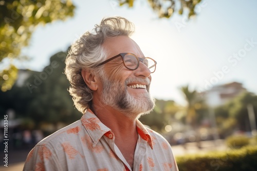 Portrait of smiling senior man with eyeglasses looking away in park