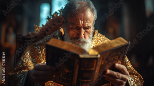 A clergyman reads the Bible in church