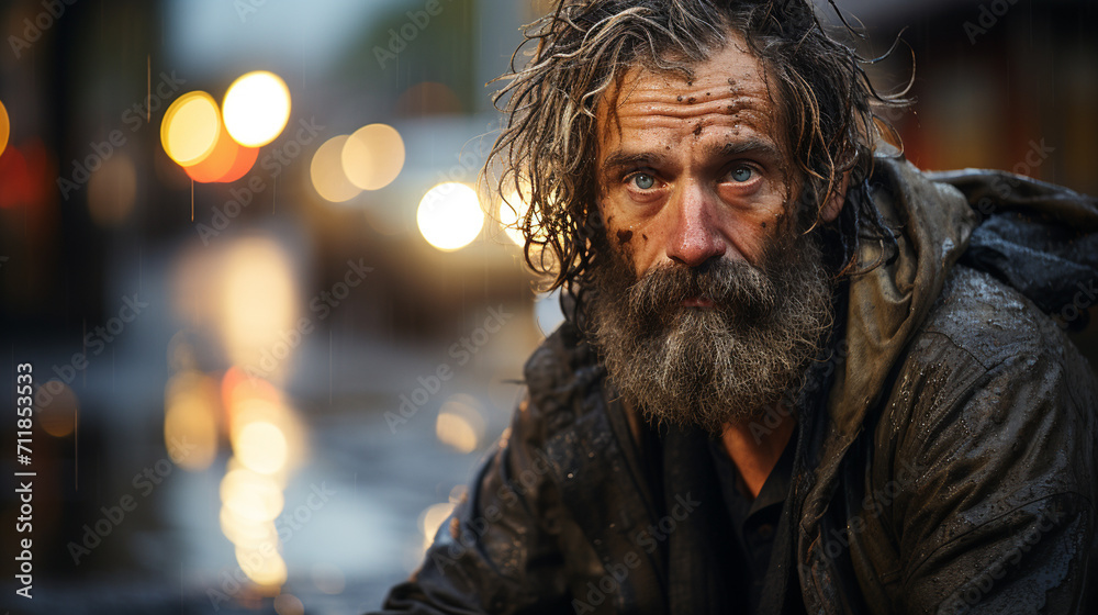 Portrait of an old poor homeless man outside in the cold