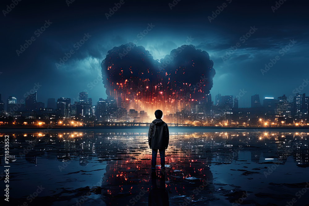 Fototapeta premium Alone man stands in front of a cityscape at night. In the distance, there is a large explosion in the shape of a heart. Heart is glowing with red and orange lights.