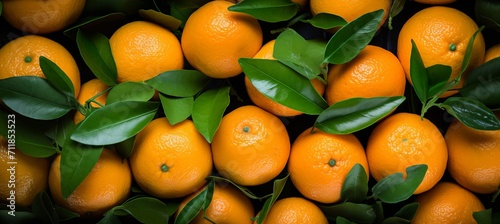 Vibrant background of fresh mandarins with green leaves   natural citrus fruit display photo