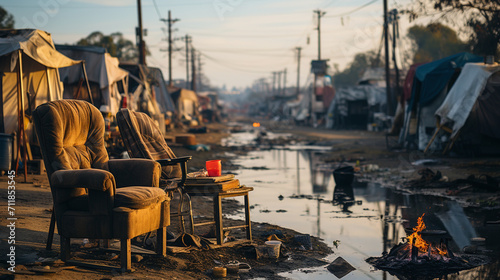 A homeless encampment sits on a street in Downtown Los Angeles, California, USA.