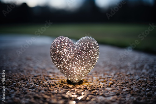 Heart shaped lantern is placed on pebbled path at park. Lighting and shadows create a sense of depth and dimension.