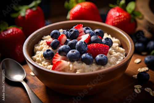 Experience the wholesome goodness of oatmeal adorned with wild berries, tastefully served on a rustic wooden table. A nutritious and visually appealing breakfast option.