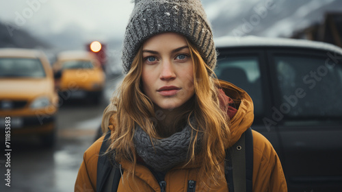 Young Woman in Winter Clothing Standing in the City Streets photo