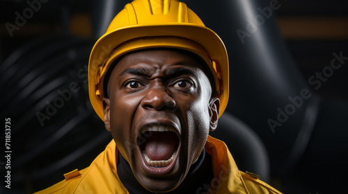 Portrait of angry shouting African construction worker in yellow construction hat photo