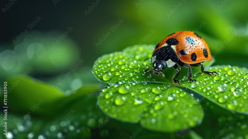 Obraz premium ladybug crawls on a green four-leaf clover Ai generative