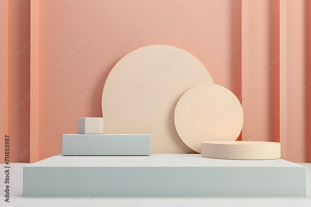 3d Geometric Shapes. Blank Podium Display in Pastel Color. Minimalist Pedestal or Showcase Scene for Present Product and Mock Up. Abstract Background for Cosmetic Advertising.