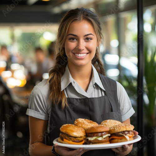 Portrait of a happy young waitress holding a plate of burgers