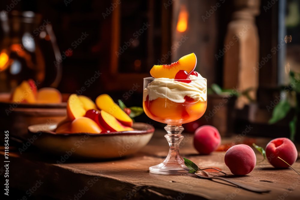 Obraz premium Savor the elegance of Peach Melba, tastefully served on a wooden table. This delightful dessert captures the essence of fruity and creamy indulgence.