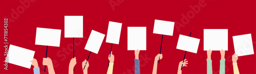 Hands with blank posters set. Billboard and banner for messages and updates with demonstration and protest vector design