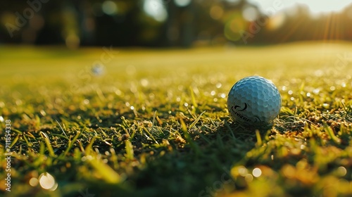 Сlose-up view of golf ball on grass. Created with Generative Ai technology.