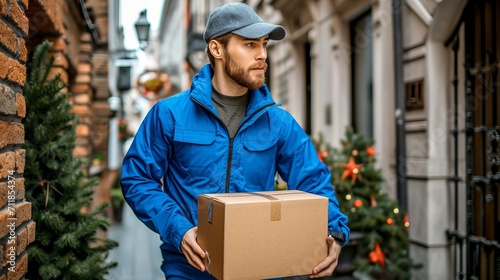Delivery courier service  delivery man in blue uniform delivering cardboard box to customer s door © Andrei