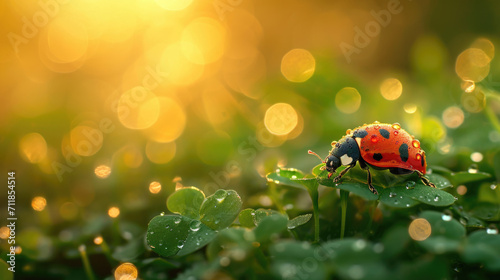 ladybug crawls on a green four-leaf clover Ai generative photo