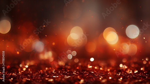 Abstract red glitter bokeh lights on defocused christmas background for holiday celebrations.