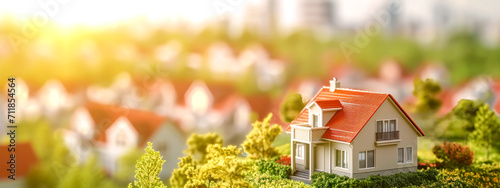 model house in sharp focus, situated in a sunny, blurred suburban setting, symbolizing home ownership, real estate investment, or property development, with a spacious and warm atmosphere photo