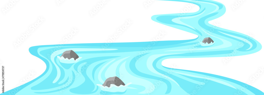 Winding stormy river template. Mountain stream of water with stones and strong current moves into colorful vector distance
