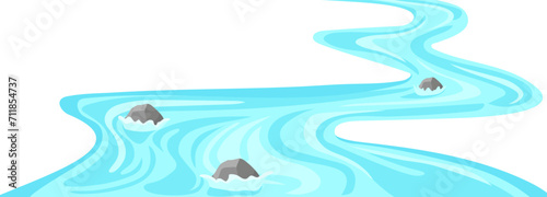 Winding stormy river template. Mountain stream of water with stones and strong current moves into colorful vector distance