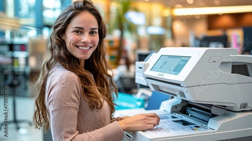 Smiling office worker operating a multifunction laser printer in a business office environment photo