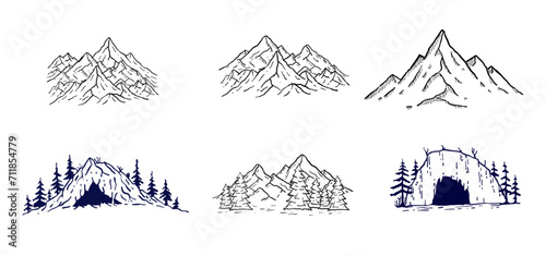 Mountain landscape. Fantasy Sketch peak, engraving nature rock illustration. Set of natural cartoon cliff. Vintage hiking outdoor land, highlands landmark