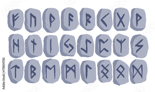 Scandinavian stone runes. black letters on white background. Set of old Norse Runic alphabet, Futhark. Ancient occult Viking characters on white background, rune font.