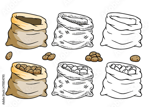 Sack of potato, vegetable in burlap bag. Farm harvest illustration, organic vegetarian food. Brown uncooked raw root. Set of cartoon illustration isolated on white background