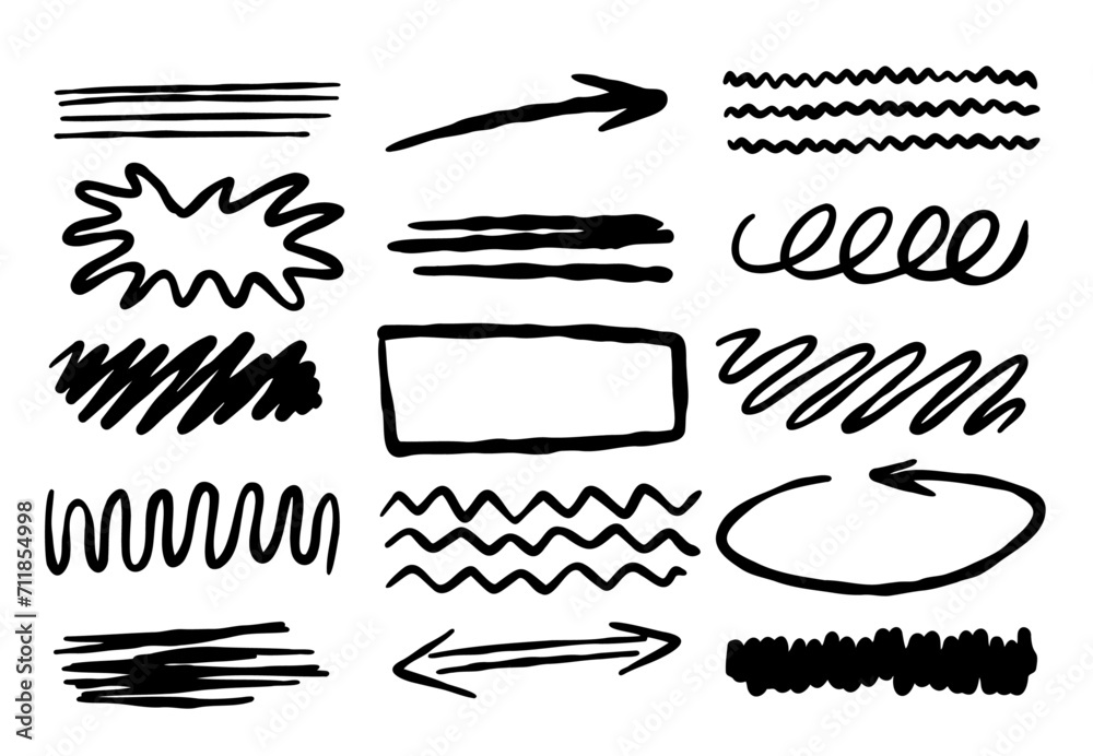 Set of doodle swirls, broken lines and arrow. Hand-drawn geometric shapes. Abstract sketch symbols. - obrazy, fototapety, plakaty 