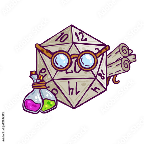 Dice d20 for playing Dnd. Dungeon and dragons board game. Cartoon outline drawn illustration