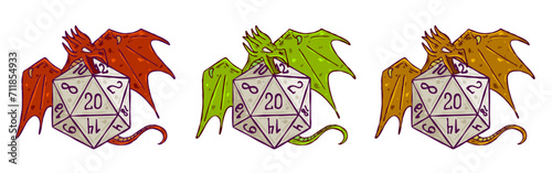 Dice d20 for playing Dnd. Dungeon and dragons board game. Cartoon outline drawn illustration. A magical creature