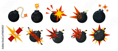 Bomb and explosive objects. Red stick of dynamite. Set of Dangerous elements. Yellow flash. Blast and fire. Cartoon flat illustration