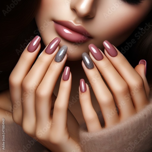  Woman face and hands nails polish . Nail manicure with gel polish at luxury beauty salon. Nail art and design.