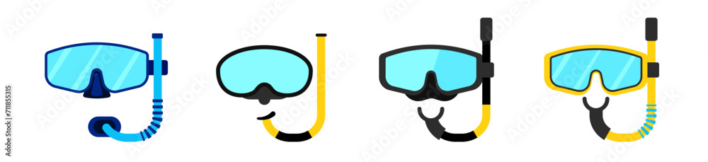 Mask with snorkel for diving template. Equipment with glass goggles for diving in sea and river with plastic breathing system for underwater vector swimming Mask with snorkel for diving template. Equipment with glass goggles for diving in sea and river with plastic breathing system for underwater vector swimming