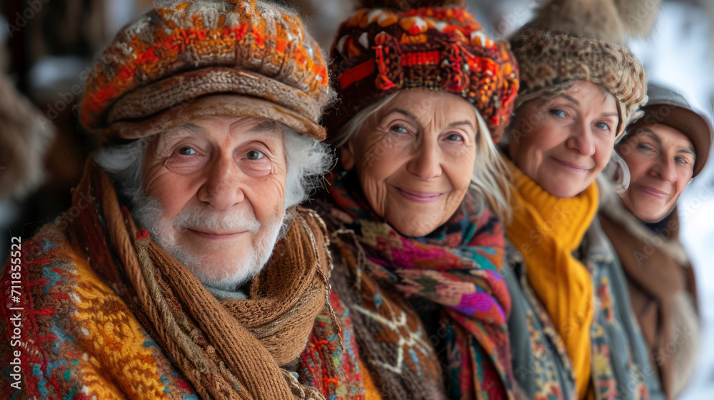 A group of elderly people in winter clothes smile looking at the camera A group of elderly people in winter clothes smile looking at the camera