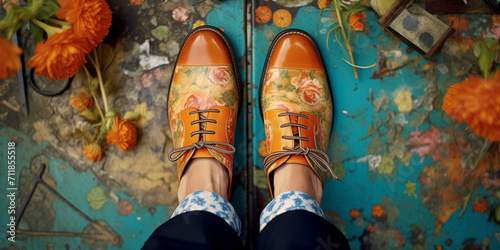 Vue du dessus d'une paire de chaussures en cuir avec motif floral qui fait penser au printemps, chaussure de dandy, élégance intemporelle photo