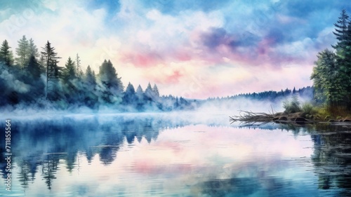 "Watercolor Reflections Photo": Capture the reflective beauty of a calm body of water, whether it's a lake, pond, or river, showcasing the surrounding environment in a dreamy way