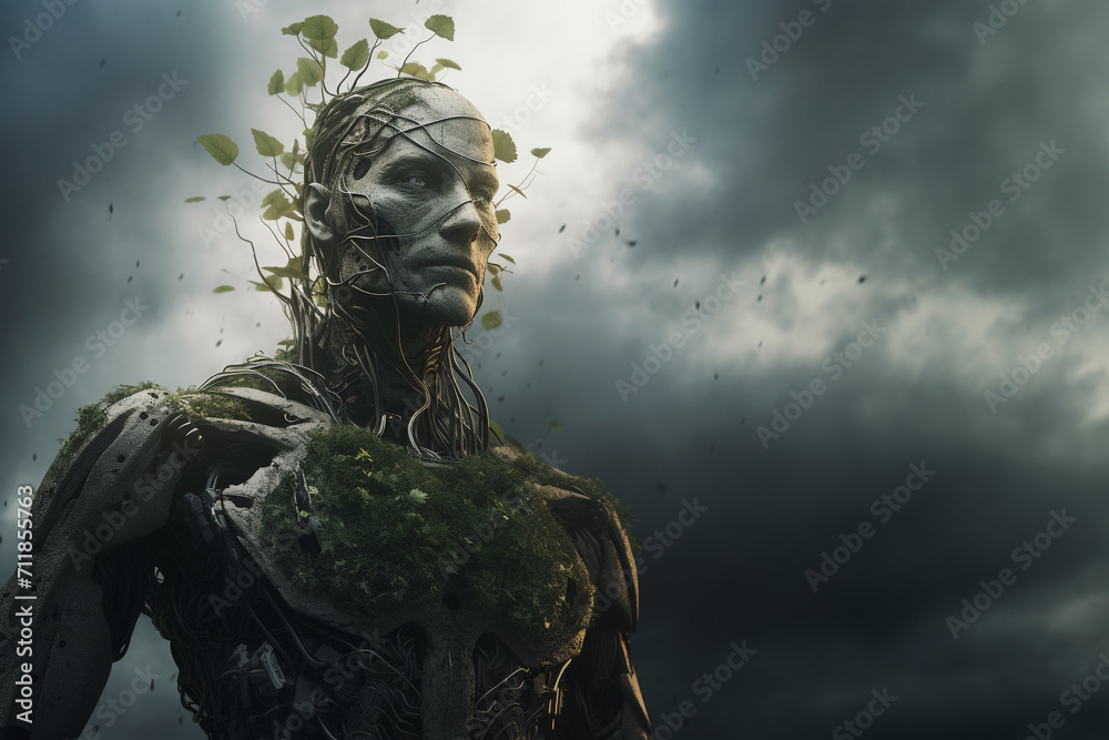Humanoid eco robot with green hair of leaves illustration with copy space. Artificial intelligence innovation technology develop solution for sustainable environment and nature protection. Humanoid eco robot with green hair of leaves illustration with copy space. Artificial intelligence innovation technology develop solution for sustainable environment and nature protection.