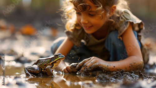 A frog being observed by a curious child in a natural muddy environment