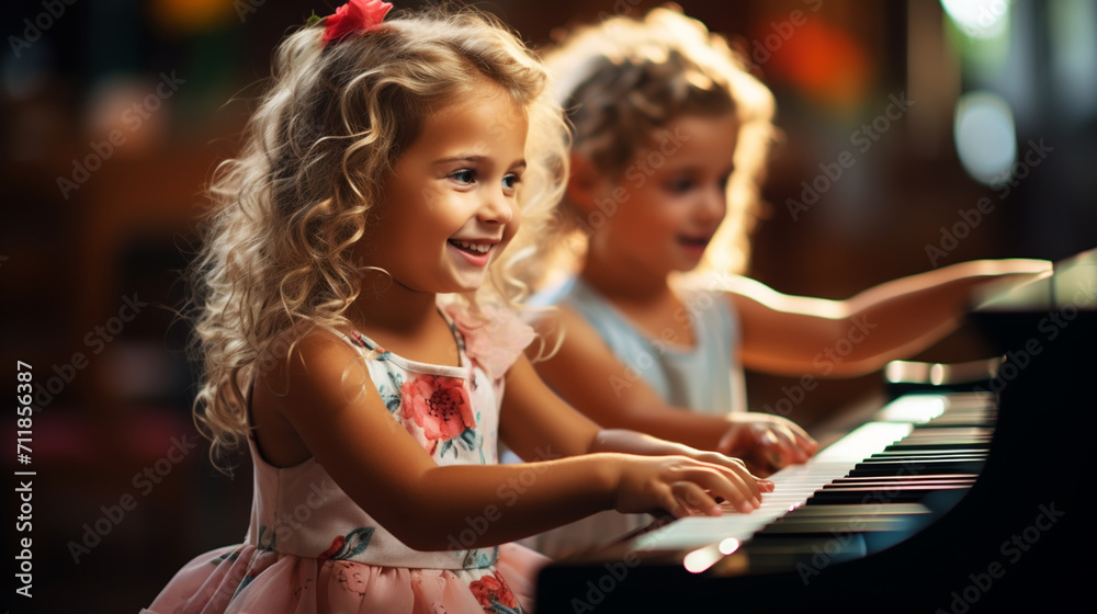 Woman and girl playing a piano. Beautiful woman teaching a little girl playing a piano. - obrazy, fototapety, plakaty 