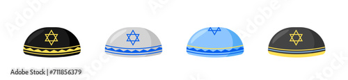 Jewish traditional kippah caps template. Religious round caps with star for holiday prayers and synagogue services with colorful vector design