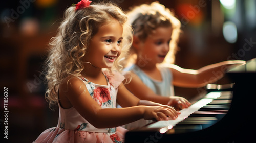 Woman and girl playing a piano. Beautiful woman teaching a little girl playing a piano. photo
